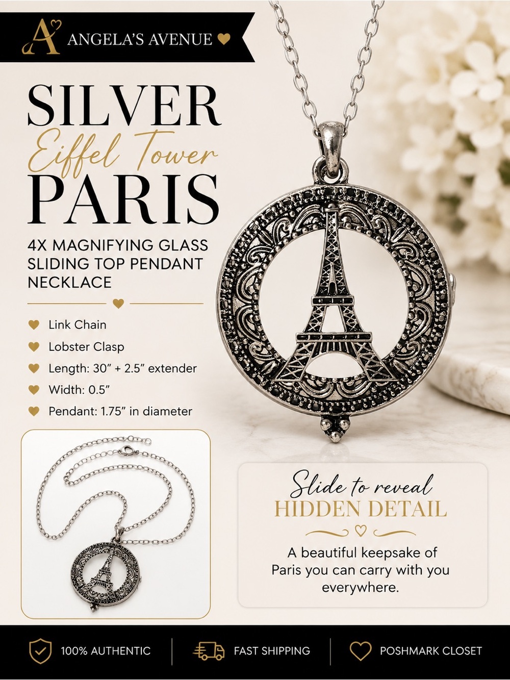 Silver Eiffel Tower Paris 4x Magnifying Glass Sliding Top Pendant Necklace NEW